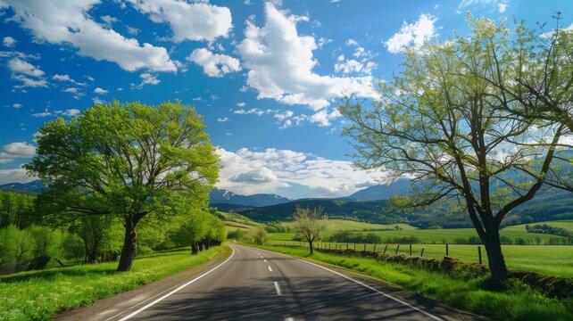 Scenic Road with Green Landscape - A serene country road winds through a vibrant green landscape under a vast blue sky with fluffy clouds, perfect for a peaceful drive