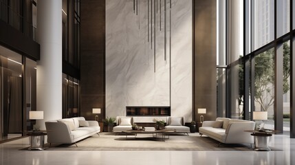 High-rise condo tower lobby with white stone and gunmetal gray metal finishes.