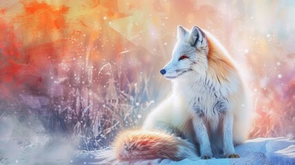 Majestic fox in a wintery landscape - Artistic portrayal of a white fox sitting elegantly against a backdrop of snow and abstract colors