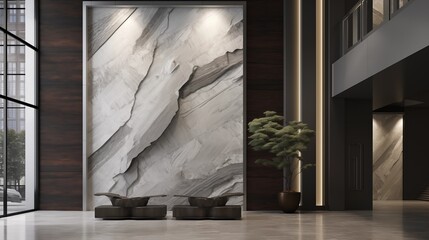 High-rise condo tower lobby with white stone and gunmetal gray metal finishes.