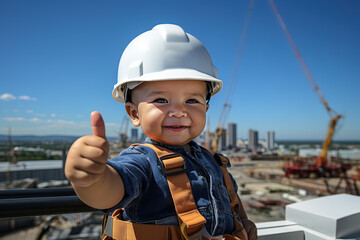 Little child engineer in white safety hardhat showing thumbs up as sign of approval at construction zone - obrazy, fototapety, plakaty