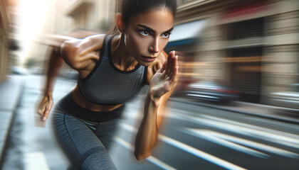 Female runner focusing intensely, captured in the moment of determination during a sprint. She is wearing sporty attire, with a blurred urban background emphasizing speed and motion