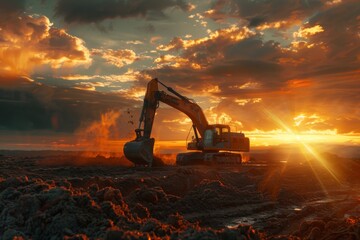 quarry excavator loading ore at sunset - obrazy, fototapety, plakaty