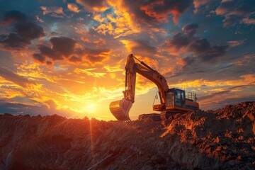 quarry excavator loading ore at sunset - obrazy, fototapety, plakaty