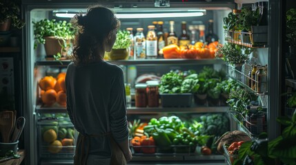 A kitchen scene where a person arranges their weekly grocery haul in the fridge, placing emphasis on organic produce and ethical meat choices, reflecting a holistic approach to balanced eating - obrazy, fototapety, plakaty