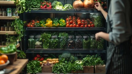 A kitchen scene where a person arranges their weekly grocery haul in the fridge, placing emphasis on organic produce and ethical meat choices, reflecting a holistic approach to balanced eating 