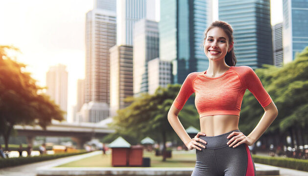 Smiling female runner taking a break, hands on hips, in an urban park setting. She is dressed in a bright sports top and leggings, with the cityscape softly focused in the background