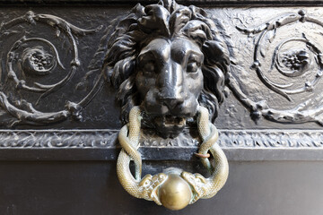European Vintage old metal wrought iron door knocker. Design detail. Paris. - 762684932