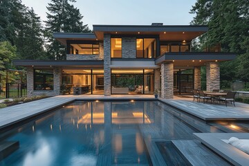Fototapeta premium An Evening View of a Luxurious Modern Home with Pool