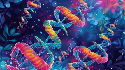 Poster watercolor illustration, DNA Day, dna structure, rainbow spirals on a dark background, cosmic shades, vintage style © Svetlana Leuto