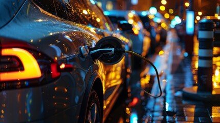 electric car evening view illumination charging - obrazy, fototapety, plakaty