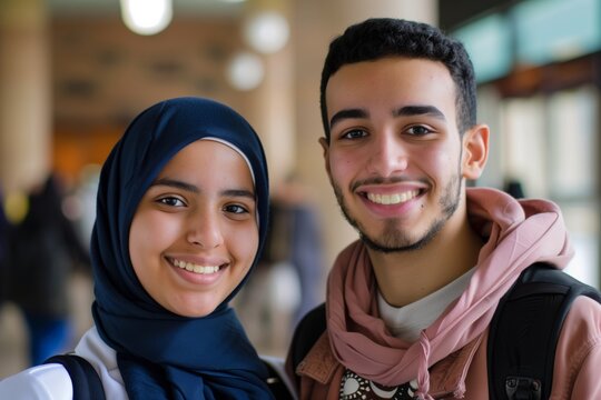 Smiling middle eastern students looking at the camera male and female.	
