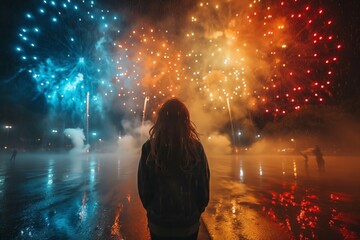 Spectator Enjoys a Vibrant Fireworks Display on a Wet Night