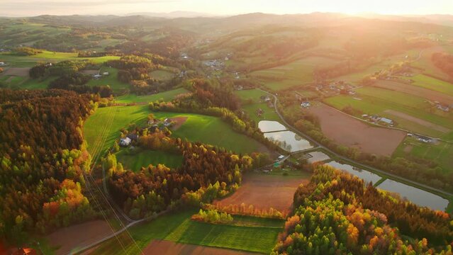 Beautiful aerial rural landscape with a mountain village in autumn, Poland