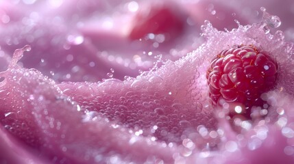  A raspberry close-up, with pink cloth background, droplets on top & bottom
