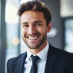 Smiling European businessman 20-30 years old, active business man against the background of his office