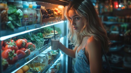 A persons reflection in the fridge light as they carefully choose ingredients for a smoothie, picking spinach, almond milk, and frozen berries, blending nutrition and taste in their balanced - obrazy, fototapety, plakaty
