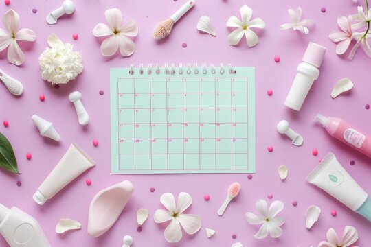 Menstrual calendar background with marked critical days and various menstrual hygiene products around on lilac background. Top view.