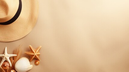 A vacation trip, the best vacation at sea, hat and sunglasses, sea sand, seashells. Sandy beach. Tourism.