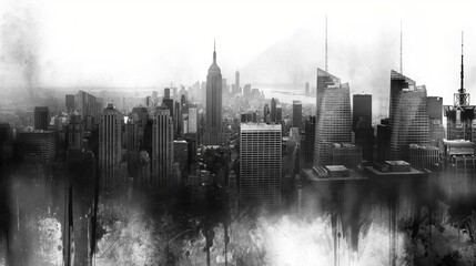 Black and white panoramic cityscape with a misty skyline and iconic buildings