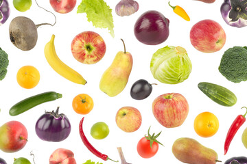 Big set fresh fruits and vegetables isolated on white. Seamless pattern.