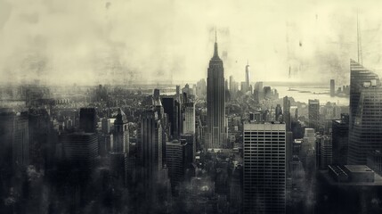 Atmospheric monochrome view of skyline shrouded in mist - obrazy, fototapety, plakaty