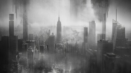 Black and white panoramic view of a foggy urban skyline