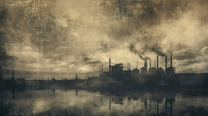 A haunting image of industrial smokestacks emitting pollution over a serene water body