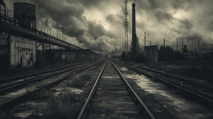 Fototapeta na wymiar Moody monochrome image of deserted railway tracks in an industrial zone