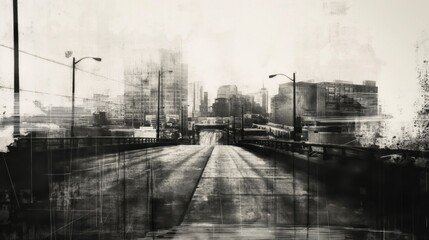 Contemporary grunge urban landscape artwork with black and white monochrome cityscape texture, abstract street design, and distressed metropolitan skyline in a modern and creative background