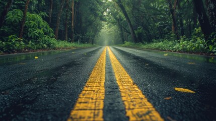 Fototapeta premium Tranquil forest road scenic nature landscape with trees, highway, and winding pathway