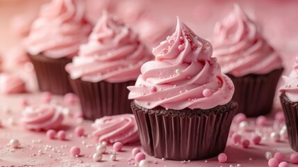  A cluster of cupcakes covered in pink buttercream and adorned with colorful sprinkles on a pink-and-white backdrop