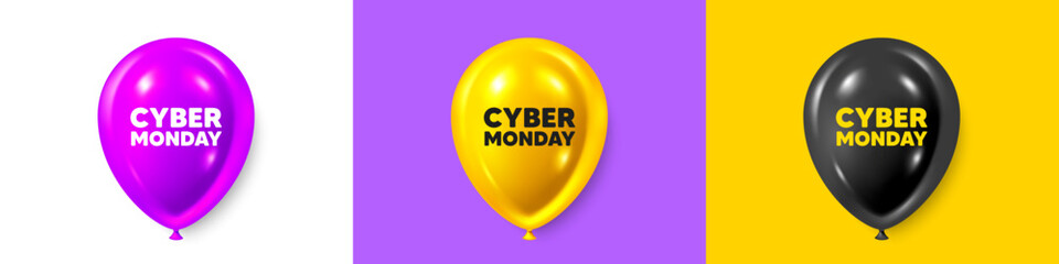 Birthday balloons 3d icons. Cyber Monday Sale tag. Special offer price sign. Advertising Discounts symbol. Cyber monday text message. Party balloon banners with text. Birthday or sale ballon. Vector