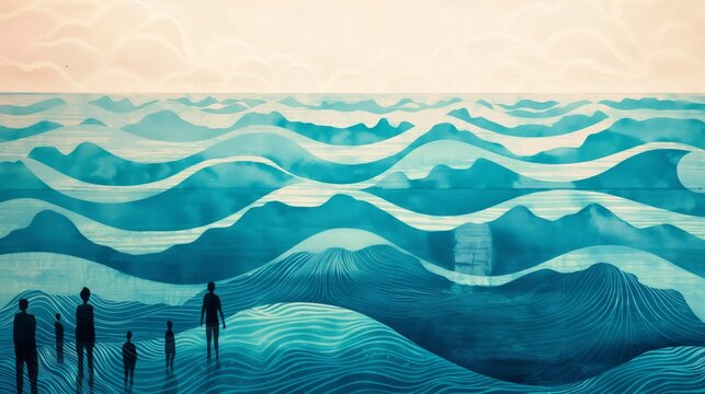 Artistic wall mural depicting stylized ocean waves with human silhouettes observing the serene scene