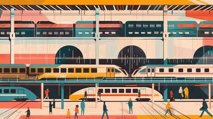 Vibrant and bustling modern city train station illustration with geometric shapes and vibrant colors depicting the hustle and bustle of daily commuter life
