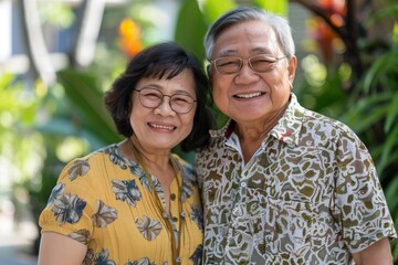 Happy smiling asian mature senior couple posing together	 - obrazy, fototapety, plakaty