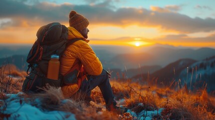 A weekend hiking adventure captured at sunrise, where an individual pauses to hydrate and enjoy a homemade, energy-packed snack, the early light accentuating the natural beauty - obrazy, fototapety, plakaty