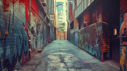 Badkamer foto achterwand Colorful and textured graffiti-covered alley, showcasing street art in an urban setting © Татьяна Евдокимова