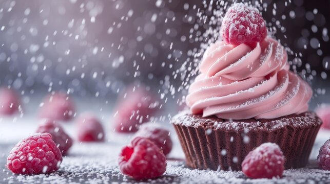  A high-resolution image of a cupcake with frosting and raspberries on a table, snowflakes gently falling in the background