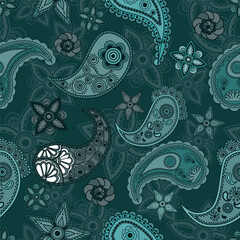 Hand draw seamless pattern with arabic, oriental, indian motiv. Traditional ornament, paisley