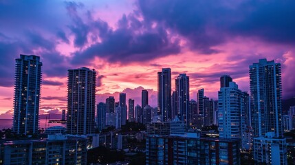 Fototapeta premium Majestic purple and orange sunset over a bustling cityscape with towering skyscrapers