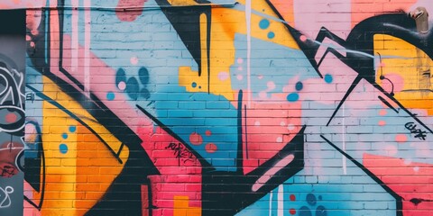 Colorful street art featuring graffiti on a textured brick surface, showcasing urban creativity