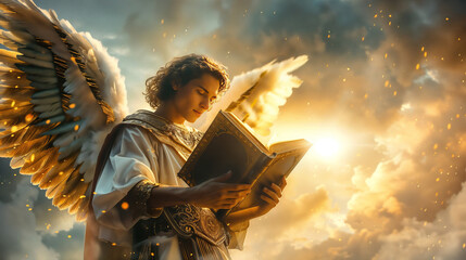 An angel of God dressed in white reading the sacred scriptures the record book of heaven - obrazy, fototapety, plakaty