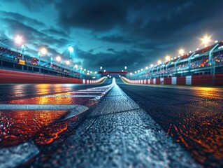 Asphalt racing track finish line and illuminated race sport stadium at night