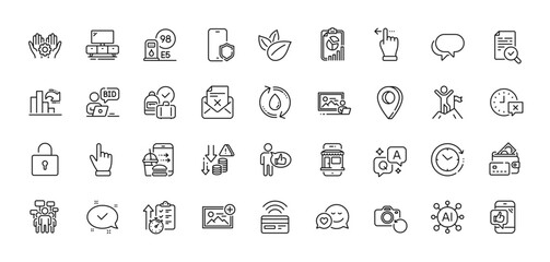 Talk bubble, Add photo and Time change line icons pack. AI, Question and Answer, Map pin icons. Photo studio, Tv stand, Money web icon. Food order, Refill water, Employee hand pictogram. Vector