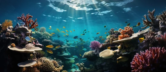 Schilderijen op glas Coral reef and fish in colorful sea, Underwater world © MBRAMO