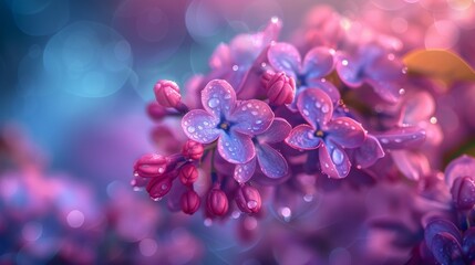  A macro shot of several flowers, water droplets on petals, soft background blur