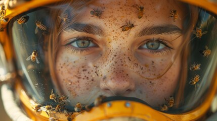 Close-up of a beekeeper face, eyes smiling behind the veil of a protective hat, as they watch a newly emerged queen bee take her first flight, the moment filled with anticipation and hope