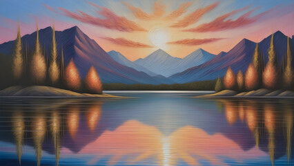 Serene landscape painting of a mountain range at sunset with vibrant sky reflections on a calm lake.