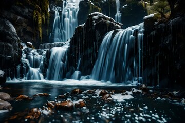 A close-up shot of the water droplets as they leap off the rocks, frozen in time, capturing the dynamic nature of the cascading waterfall